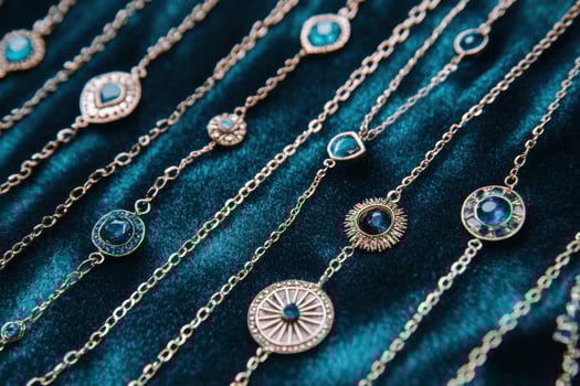 Flat lay display of luxury golden necklaces and rings on soft velvet surface showcasing exquisite craftsmanship and elegance photo
