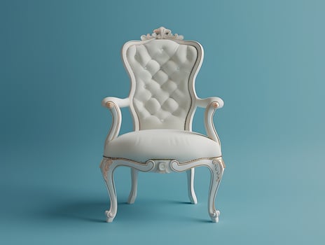 A white chair with armrests on a electric blue wooden table photo