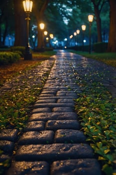 A serene cobblestone path lined with lanterns and greenery in a tranquil park setting. photo