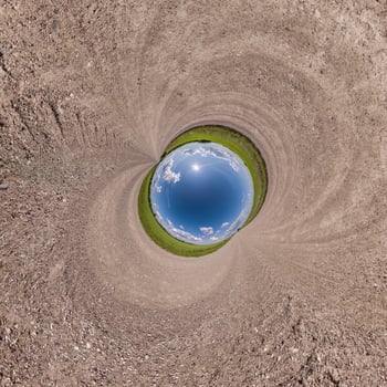 blue hole sphere or globe little planet inside green dry grass or stone with sand frame background photo