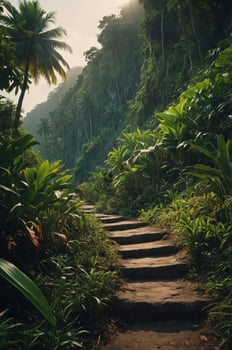 A serene pathway through lush greenery leading into a tropical landscape. photo