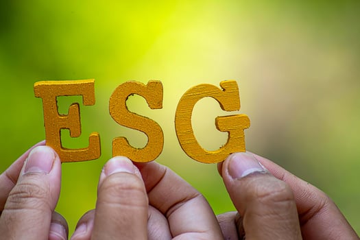 ESG concept of environmental, social, and governance. Sustainable corporation development. words ESG on a wood block on the environmental background.Idea for sustainable organizational photo