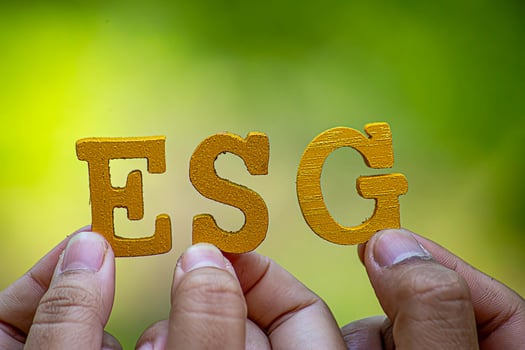 ESG concept of environmental, social, and governance. Sustainable corporation development. words ESG on a wood block on the environmental background.Idea for sustainable organizational photo
