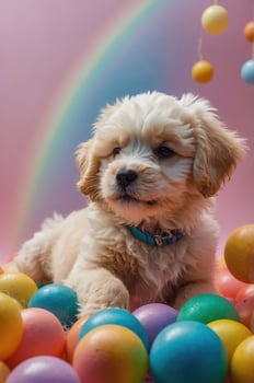 A playful puppy surrounded by colorful balls against a pastel rainbow backdrop. photo
