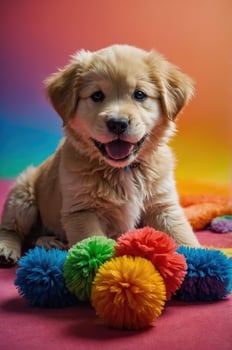 A playful golden retriever puppy surrounded by colorful pom-poms on a vibrant background. photo