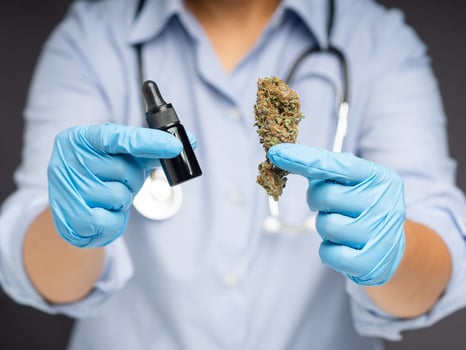 Doctor holding dry cannabis buds flower and cannabis oil bottle while standing in the medical science laboratory photo