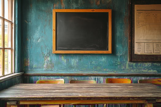 A rustic classroom setting featuring a wooden table, chairs, and a chalkboard on a textured wall. photo