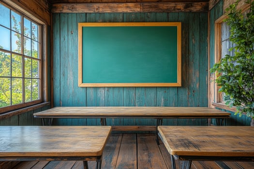 A rustic classroom with wooden tables and a green chalkboard against a wooden wall. photo