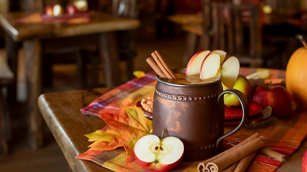 A copper mug filled with apple cider and cinnamon sticks photo