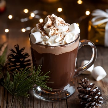 Hot chocolate with marshmallows and pine cones photo