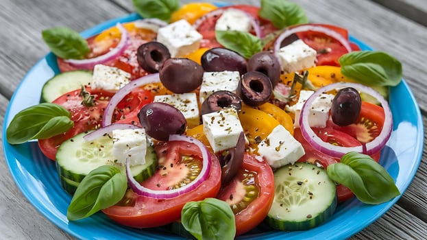 A plate of greek salad with tomatoes, cucumbers, olives and feta cheese photo