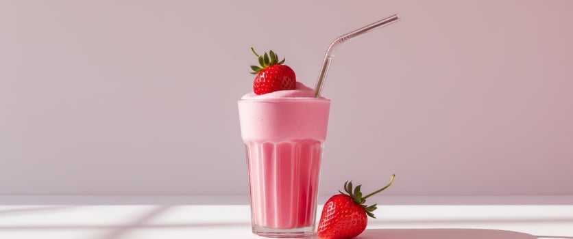 A strawberry milkshake with a straw and strawberries photo
