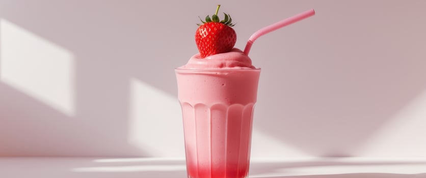 A strawberry milkshake with a straw and a strawberry on top photo