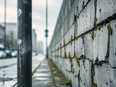 sidewalk pole with long concrete wall and street background for text area photo