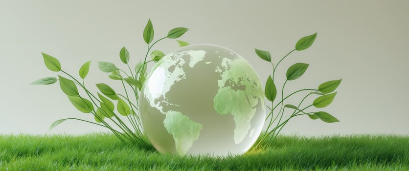A glass globe resting on green grass with fresh leaves growing around it photo