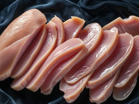 Fresh Raw Chicken Breast Fillet Slices on Dark Background photo