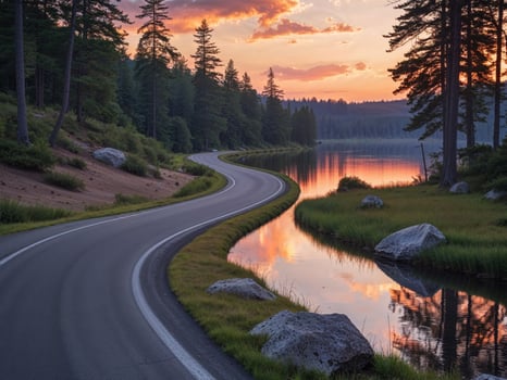 Serene winding road alongside tranquil lake at sunset photo