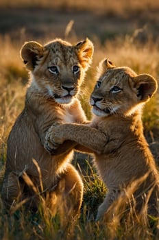 Two playful lion cubs embracing in a grassy field during golden hour. photo