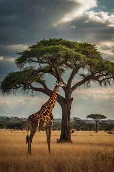 A giraffe stands gracefully under a tree in a serene savanna landscape. photo