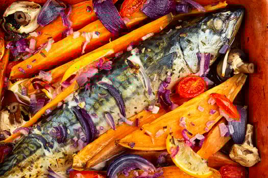 Grilled fish, mackerel, fish dish. photo