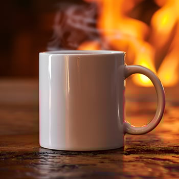 A white coffee cup releasing steam, sitting on a table photo