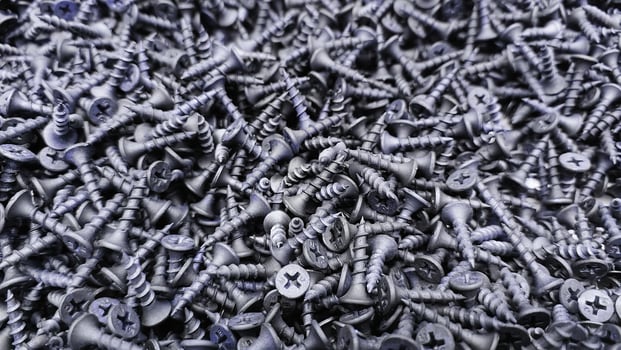 steel self-tapping screws for working with wooden products banner , self-tapping screws for attaching objects to wooden objects, for repair work, hardware store, construction, carpentry, joinery photo