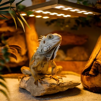 A lizard is sitting on a rock in a cage photo