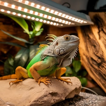 An iguana is sitting on a rock in a tank photo