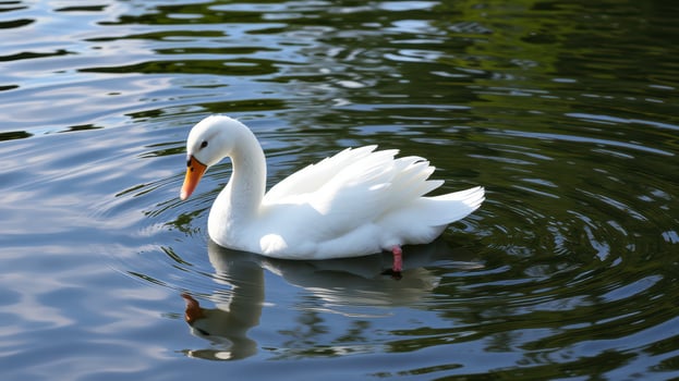 Beautiful white swan gliding gracefully across a tranquil lake surrounded by lush greenery in bright sunlight photo
