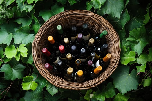 Wine bottles resting in wicker basket amidst lush grape leaves photo