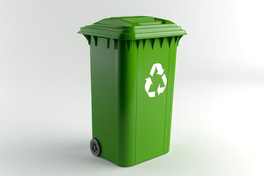 Green recycling bin promoting environmental sustainability on white background photo