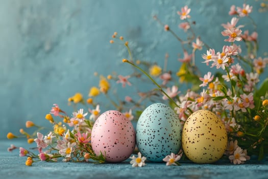 Colorful easter eggs resting near blooming spring flowers on rustic blue background photo