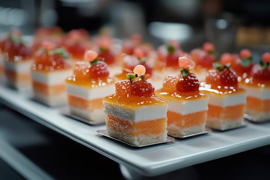 Delicious layered desserts with jelly, raspberries, and white cream on display photo