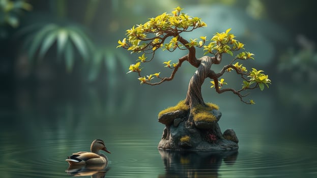 Elegant bonsai tree with vibrant leaves beside a calm pond where a duck swims photo