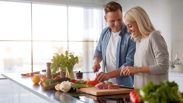 A man and woman are preparing food in the kitchen photo