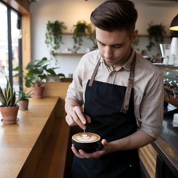 A man in an apron is holding a cup of coffee photo