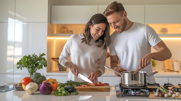A man and woman are cooking vegetables in the kitchen photo