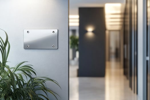 A contemporary name plate mockup is elegantly showcased on an office door, presenting a design that significantly enhances the overall corporate aesthetic and strengthens the companys identity photo