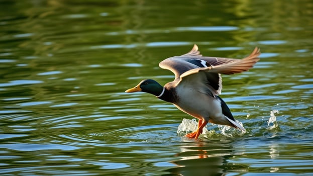 Mallard duck takes flight from a serene pond at sunset, showcasing vibrant colors and lively ripples in the water photo