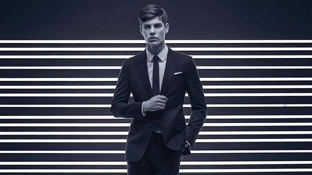 A man in a suit standing in front of a striped background photo
