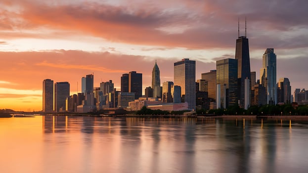 A city skyline at sunset with a river and water photo