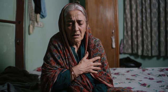 Elderly south asian woman expressing emotion in traditional attire at home setting photo