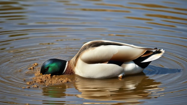 Mallard duck feeding in calm water while searching for food in marshland during sunny afternoon photo