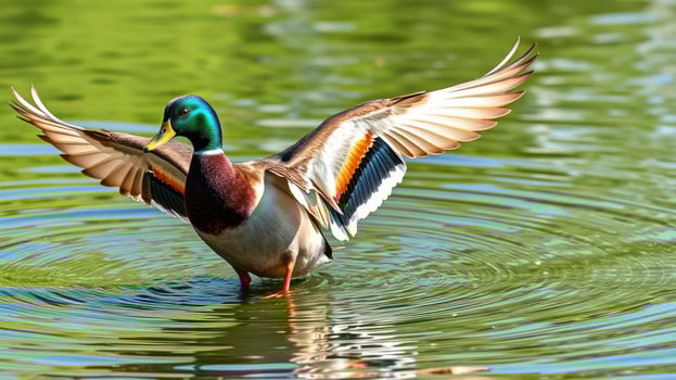 Mallard duck displays wings in rippling pond water under bright sunlight near natural habitat photo