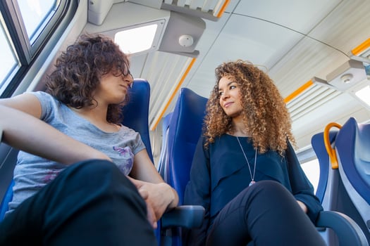beautiful young female friends relaxing talking sitting during the journey on a train carriage photo