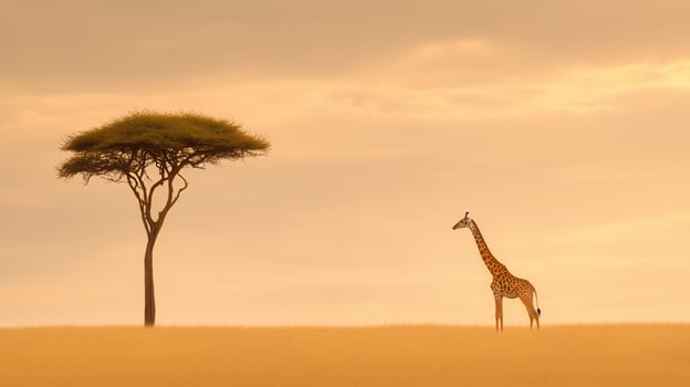 Giraffe Reaching Up to Eat Leaves from Tall Tree Against Golden African Savanna Sunset with Lone Acacia Tree in Background, Stunning Wildlife Scene with Warm Color Palette photo