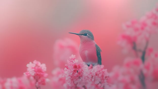 Californian Hummingbird in Slow Motion Surrounded by Soft Pink Blossoms in Serene Springtime Setting photo