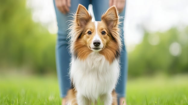 Young Woman Training Shetland Sheepdog in Lush Park Setting with Green Grass and Clear Blue Sky, Focus on Obedience and Bonding, Dogview Shows Happy Energetic Canine, Outdoor Enthusiasts Scene photo
