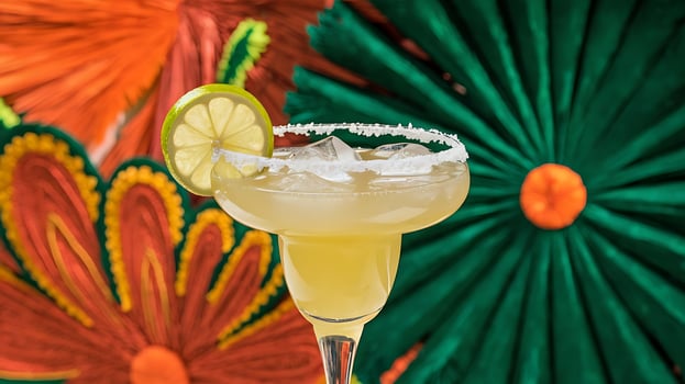 A margarita with lime and a flower in the background photo
