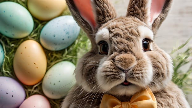 Cute Easter Bunny with a Bowtie Surrounded by Easter Eggs photo